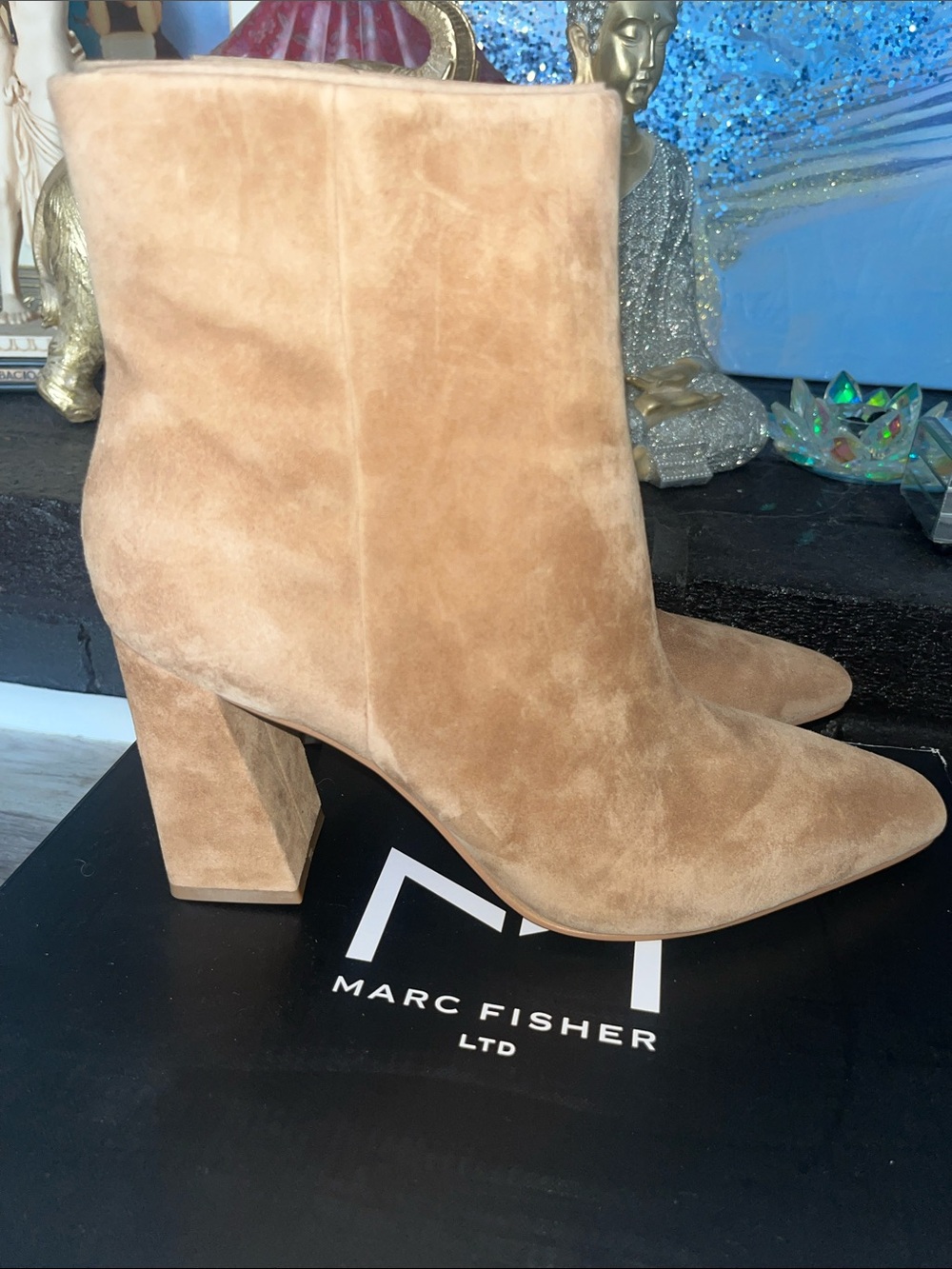 Marc Fisher Tan Suede Pointed Toe Block Heel Ankle Boots
